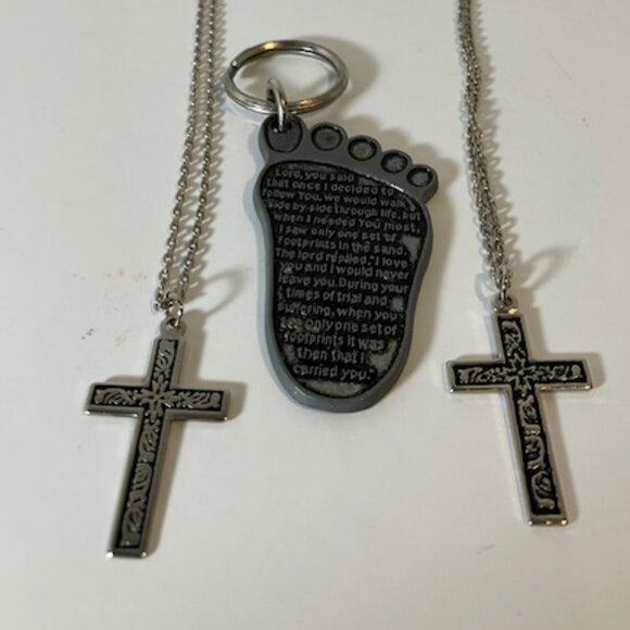 Mixed Lot of Christian Costume Jewelry Cross Necklaces, Key Chain Footprint Poem - Picture 1 of 7